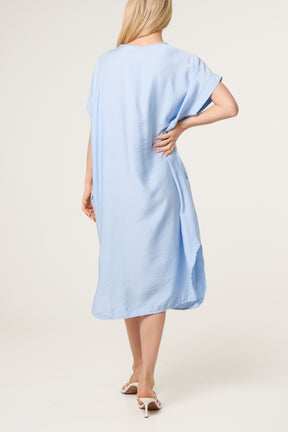 V-Neck Front Crease Crinkle Midi Dress