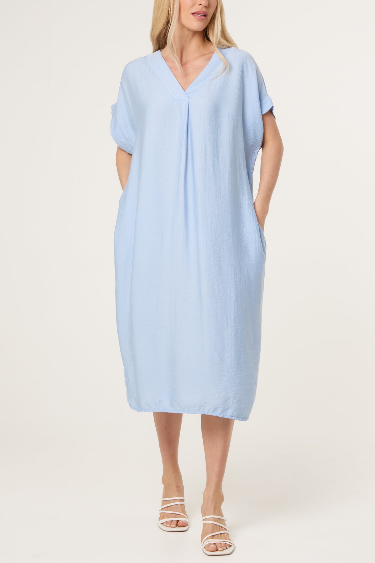 V-Neck Front Crease Crinkle Midi Dress