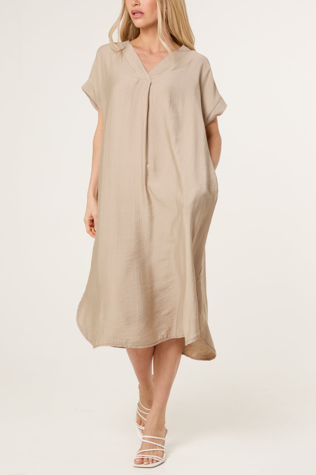 V-Neck Front Crease Crinkle Midi Dress