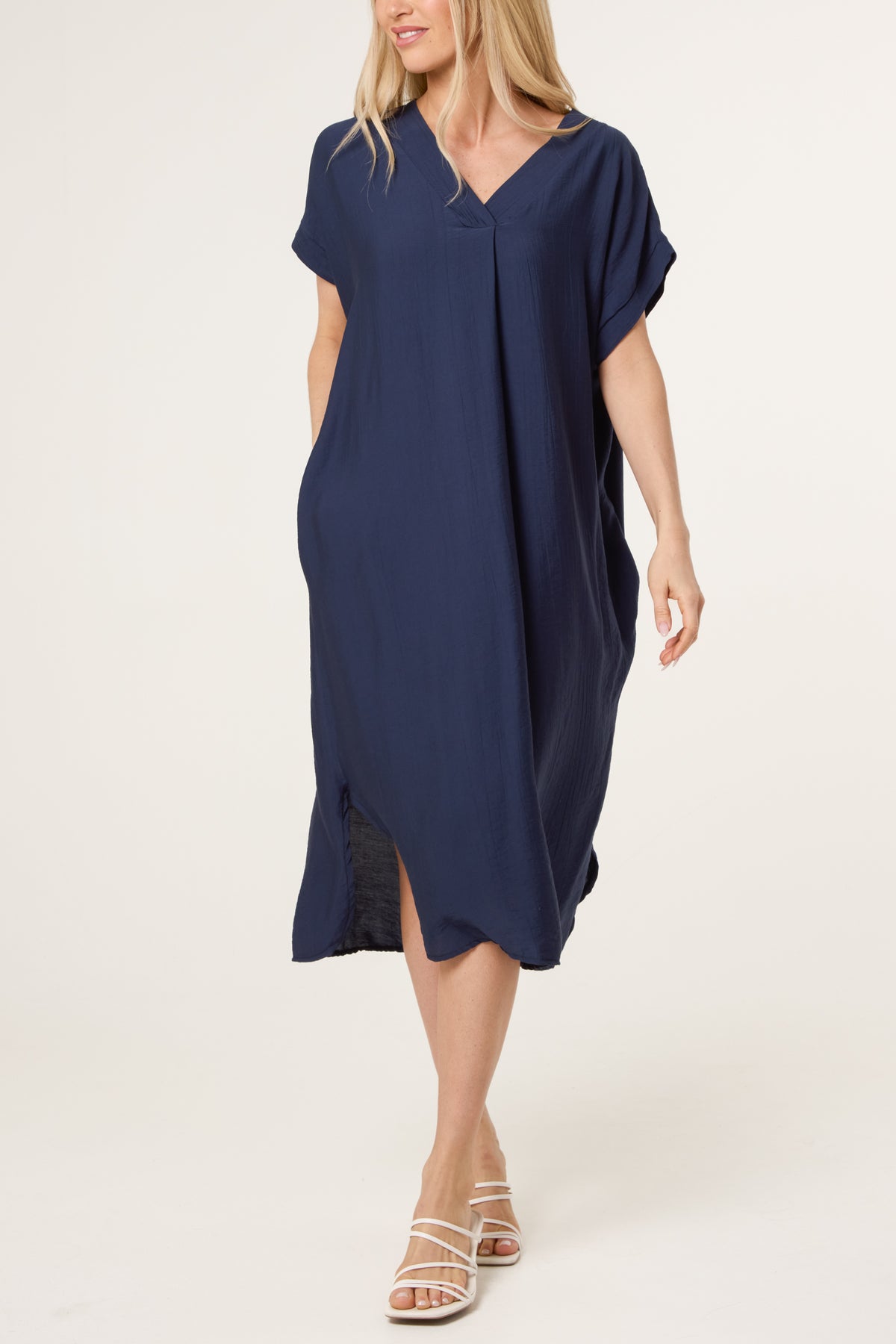 V-Neck Front Crease Crinkle Midi Dress