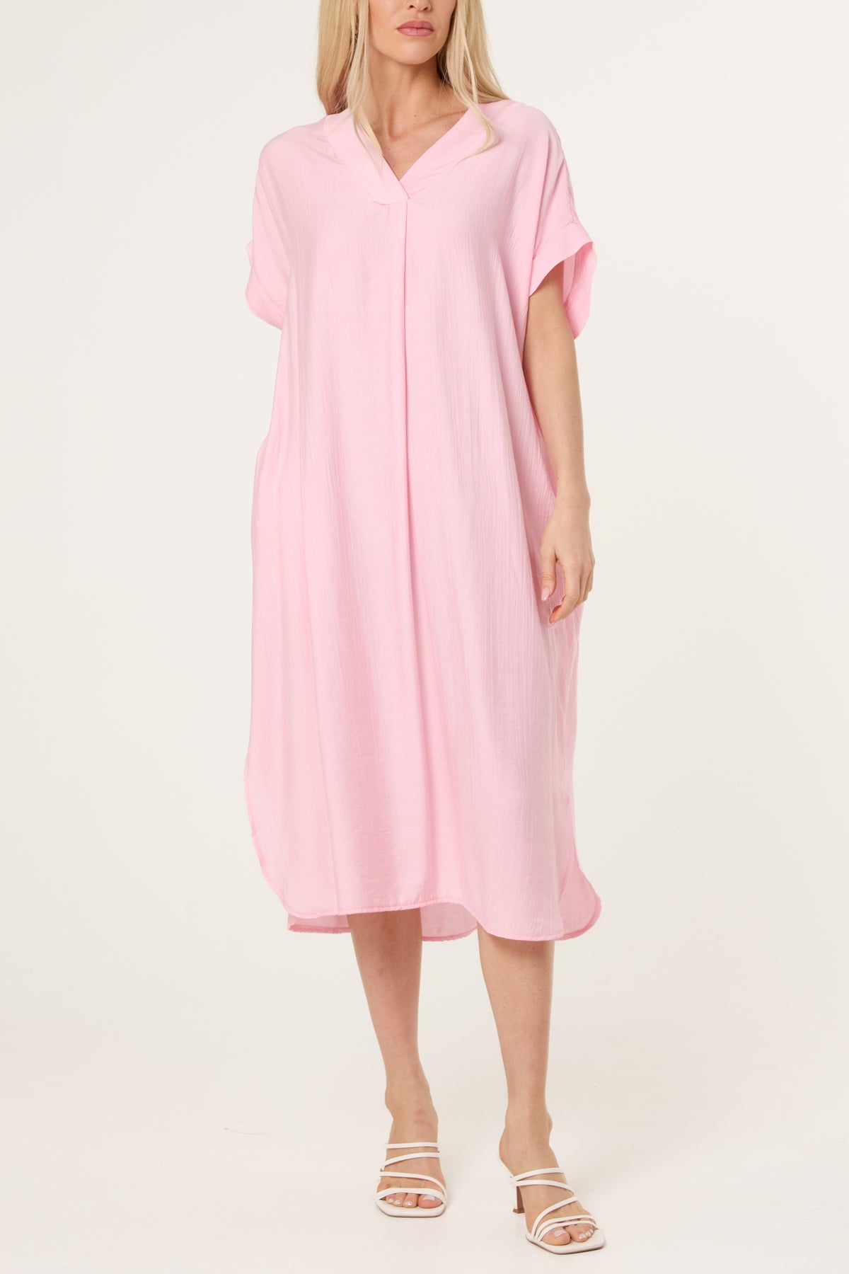 V-Neck Front Crease Crinkle Midi Dress