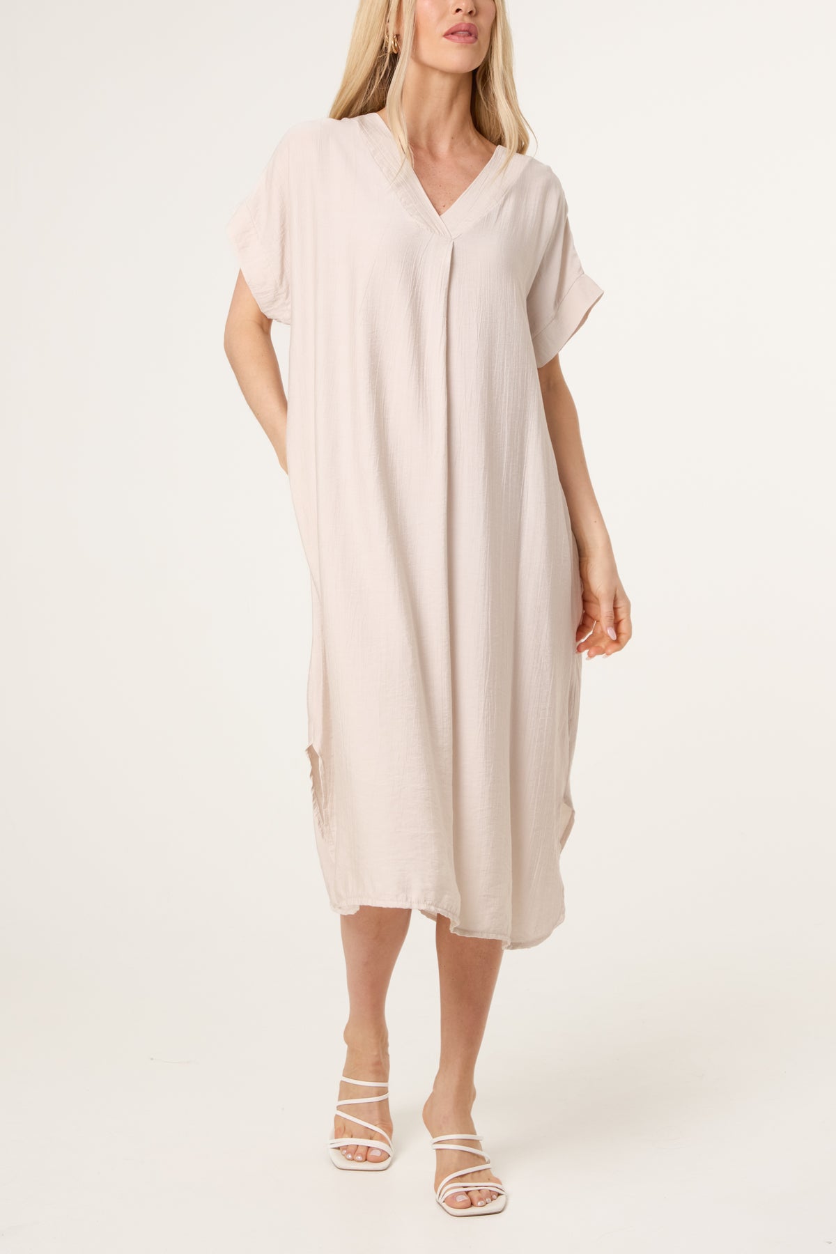 V-Neck Front Crease Crinkle Midi Dress