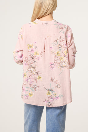 Grandad Collar Floral Cotton Blouse