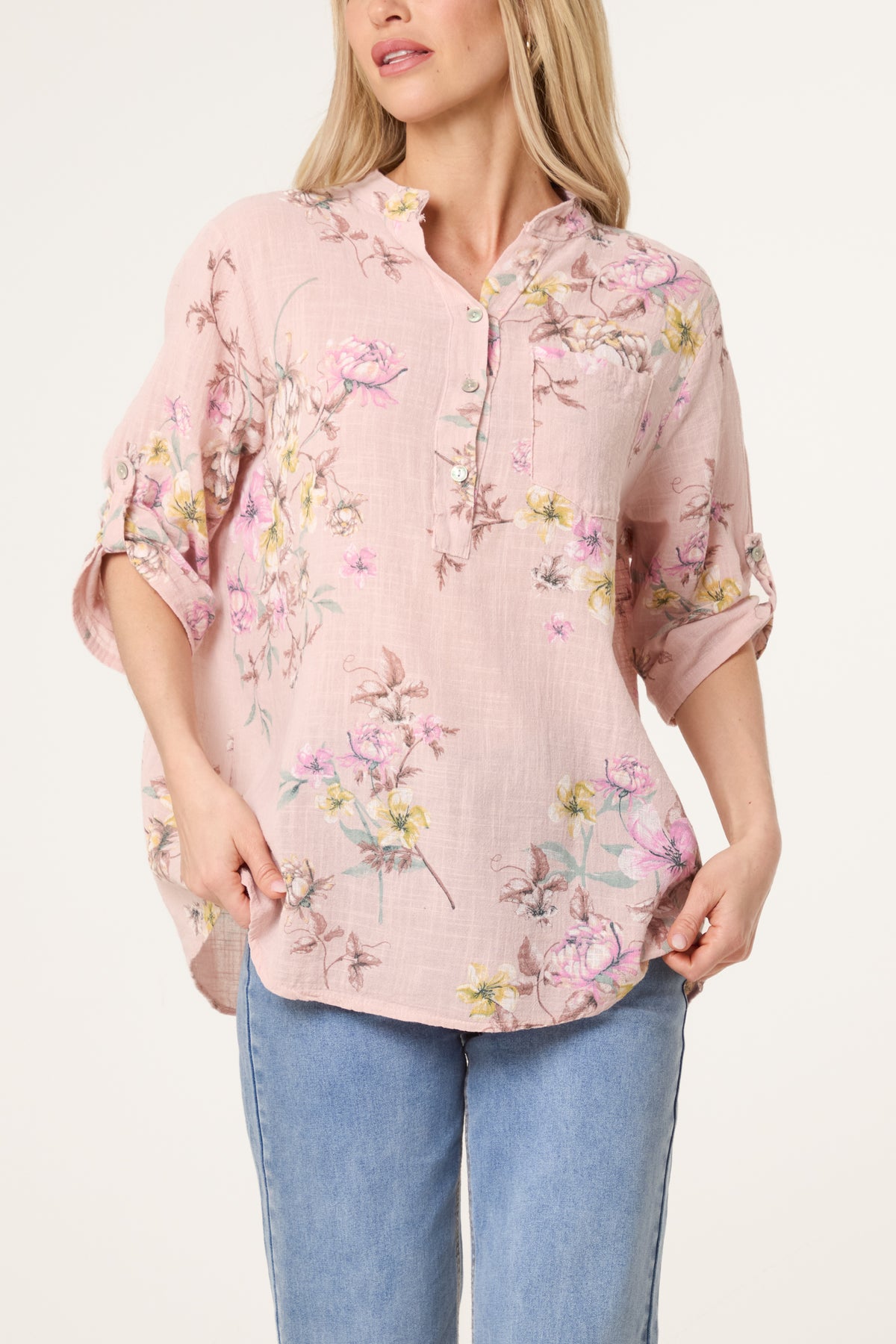 Grandad Collar Floral Cotton Blouse