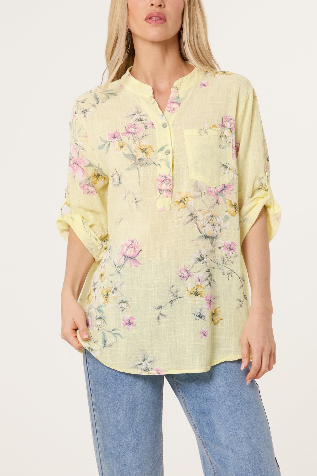 Grandad Collar Floral Cotton Blouse