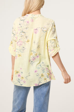 Grandad Collar Floral Cotton Blouse