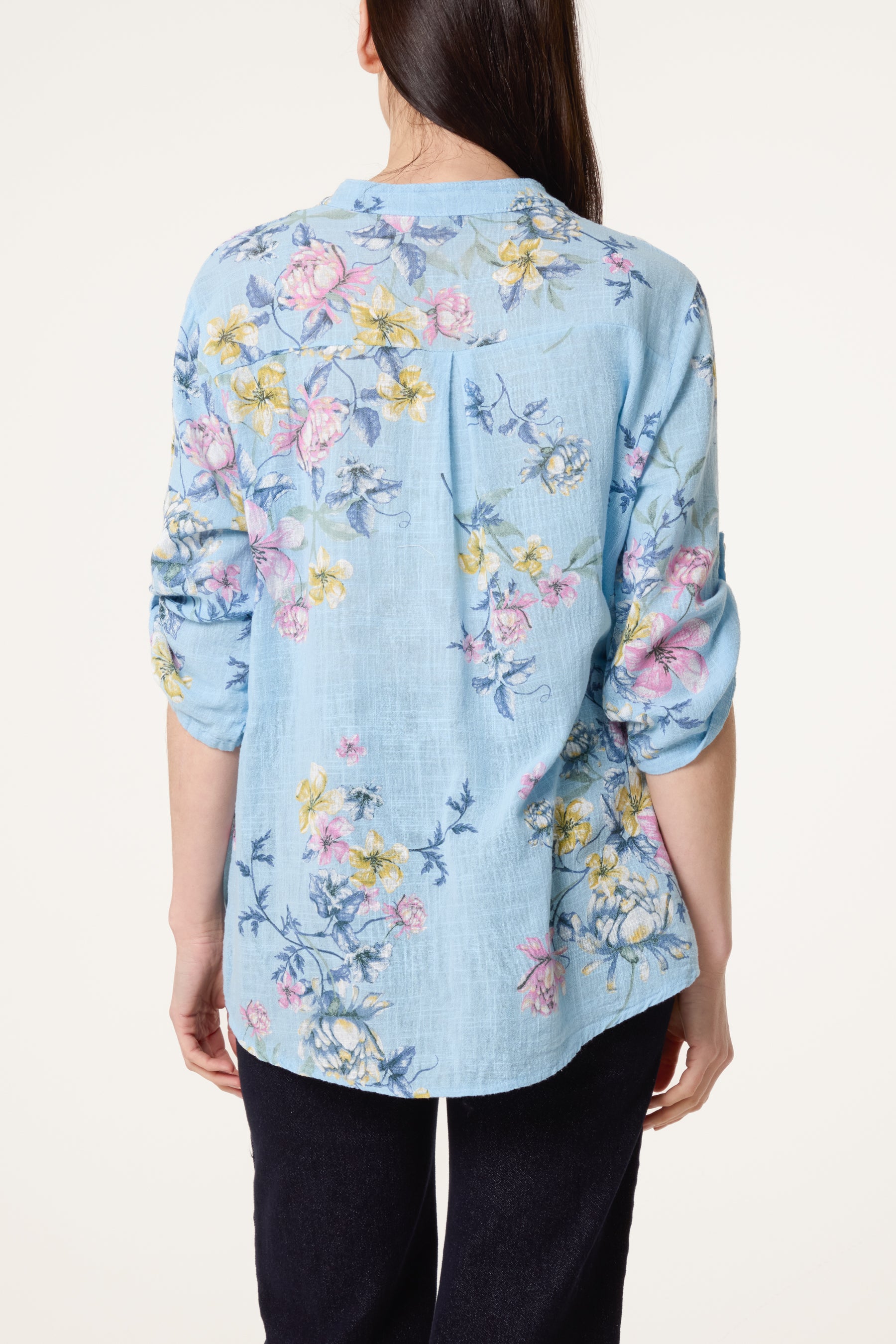 Grandad Collar Floral Cotton Blouse