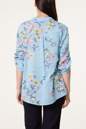 Grandad Collar Floral Cotton Blouse