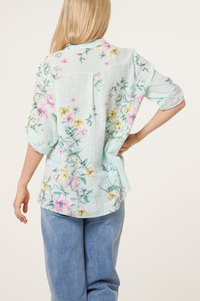 Grandad Collar Floral Cotton Blouse