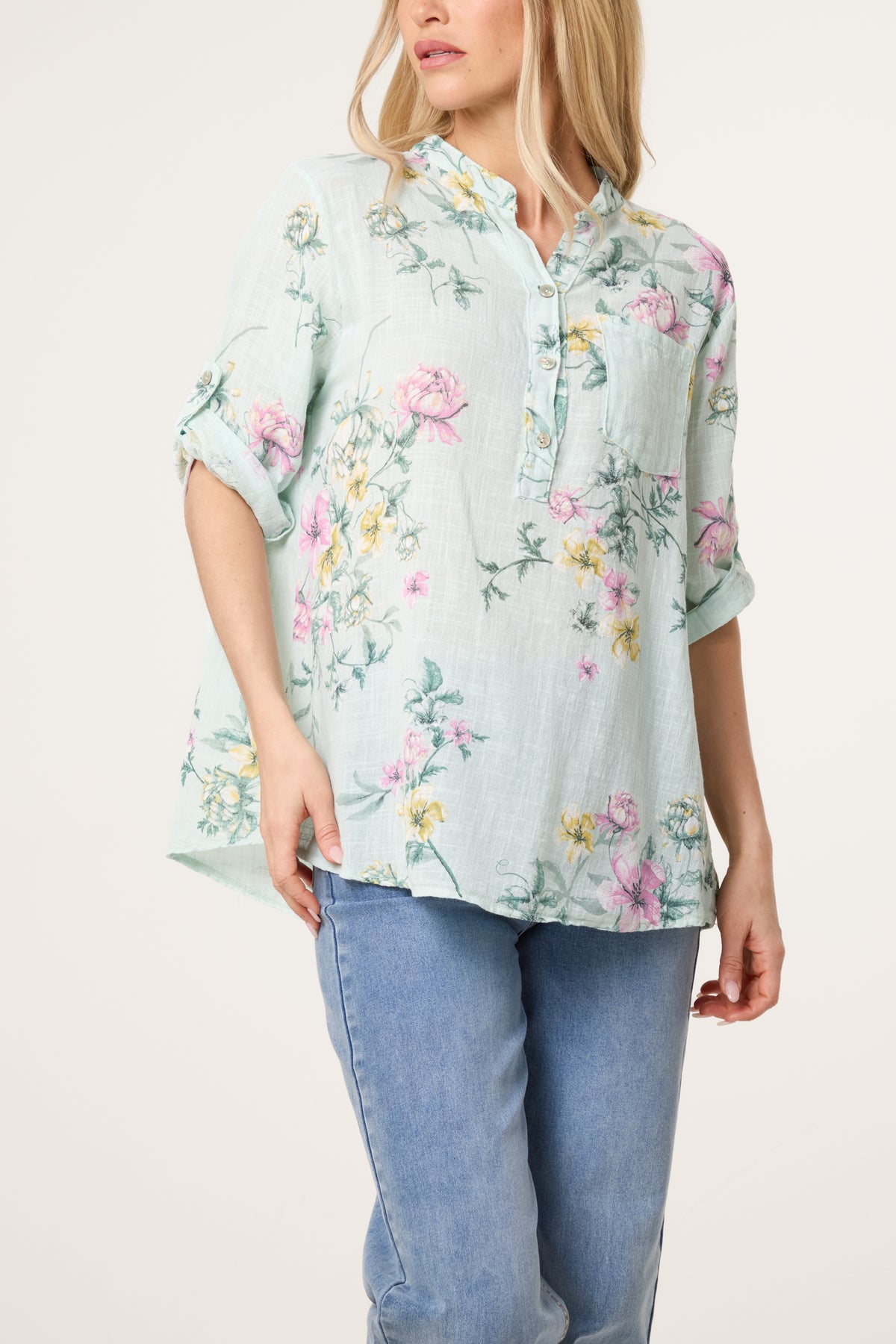 Grandad Collar Floral Cotton Blouse
