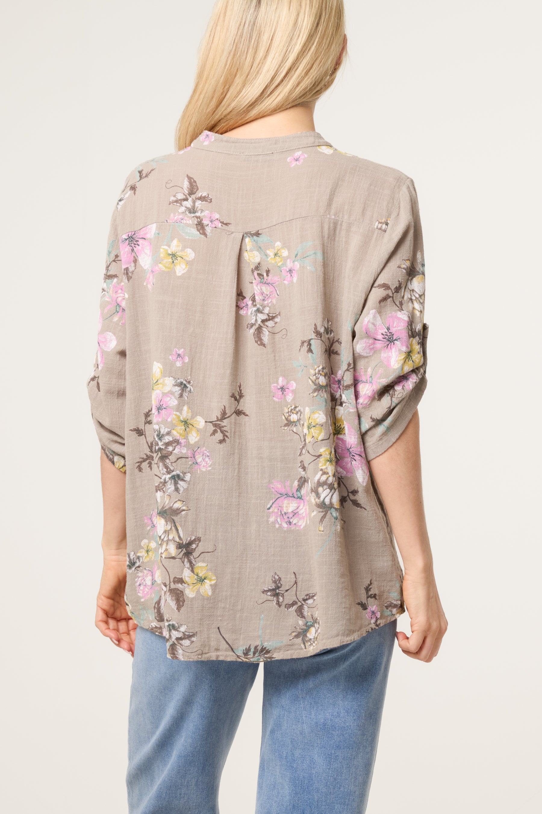 Grandad Collar Floral Cotton Blouse