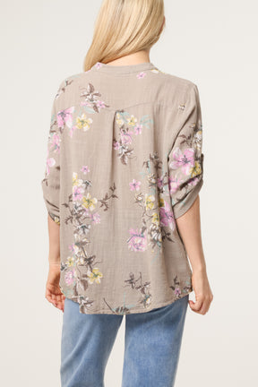 Grandad Collar Floral Cotton Blouse