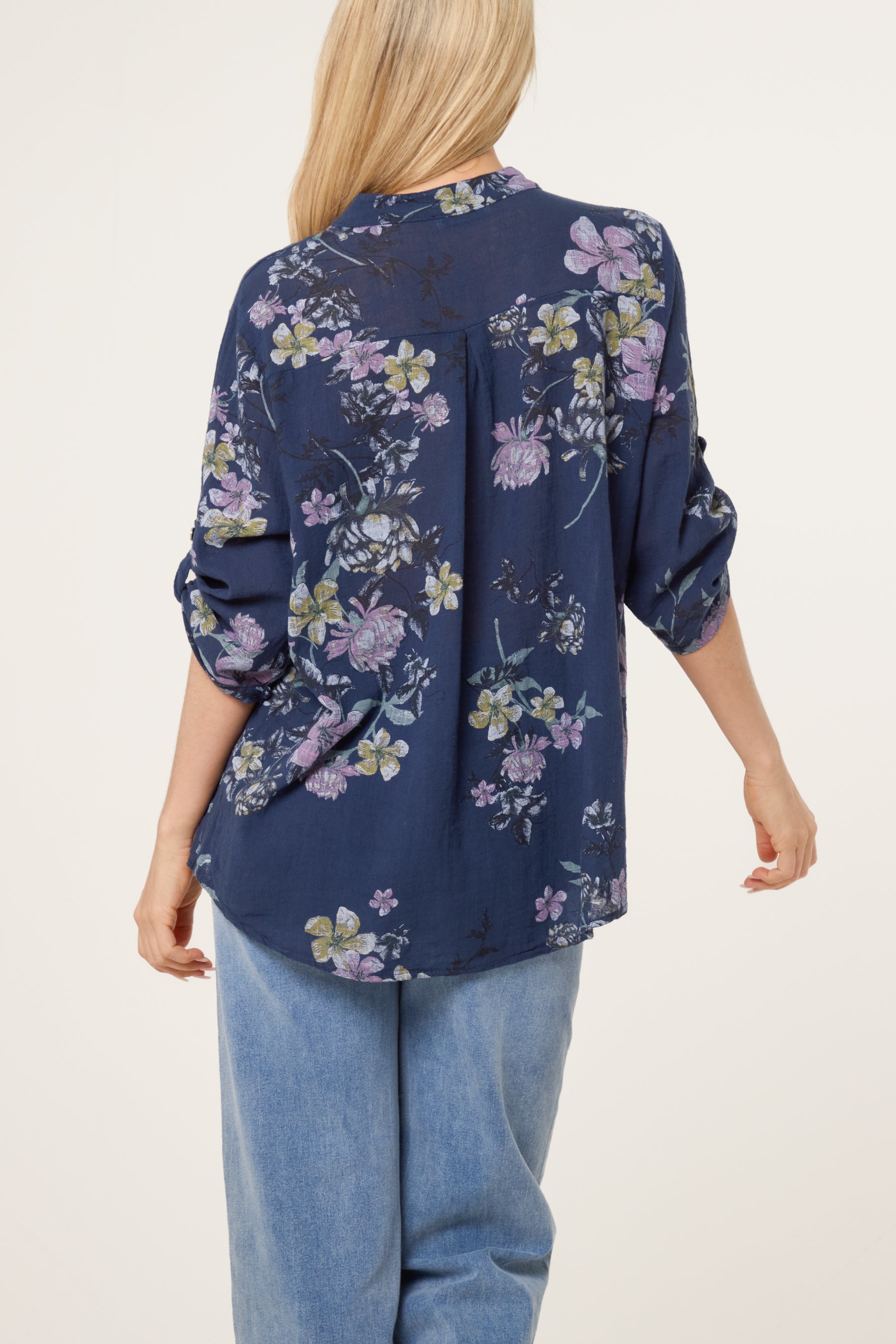Grandad Collar Floral Cotton Blouse