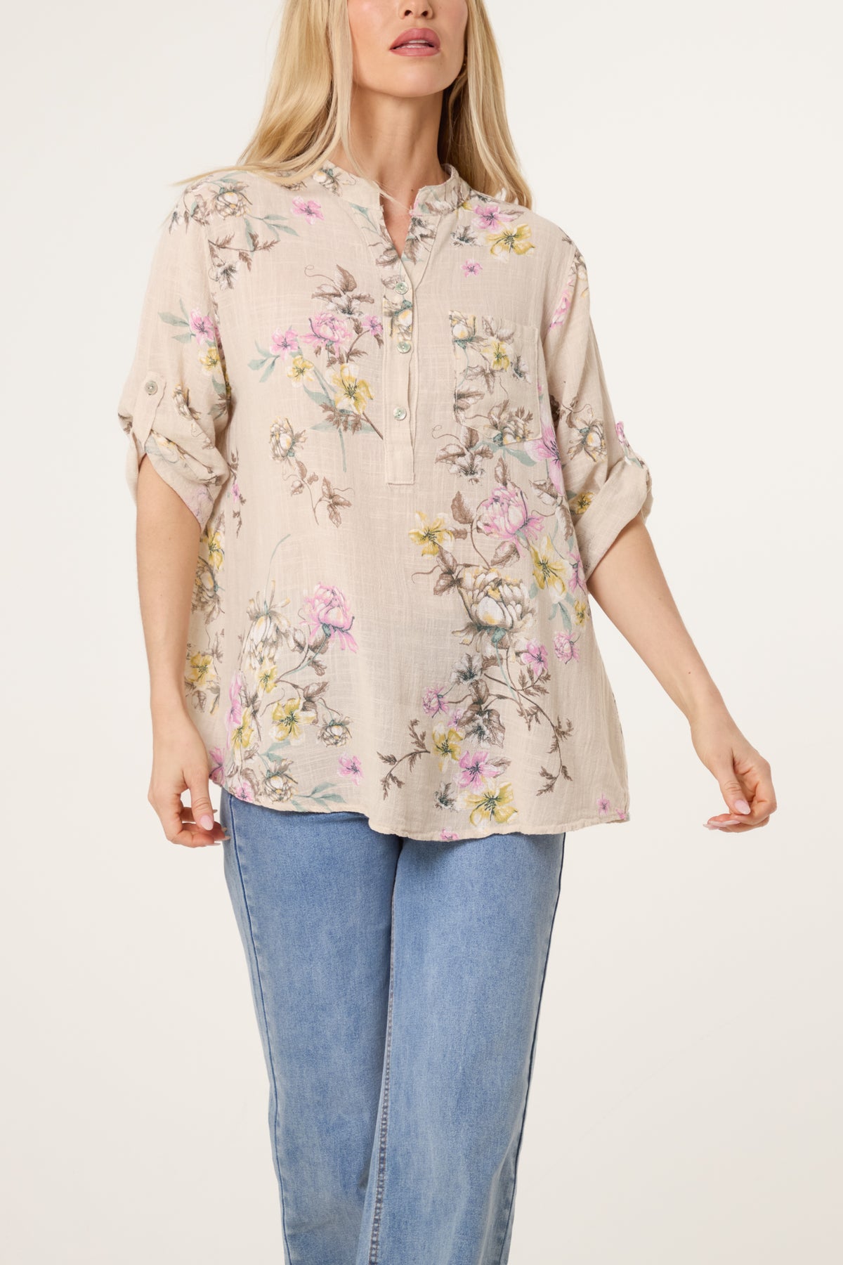 Grandad Collar Floral Cotton Blouse