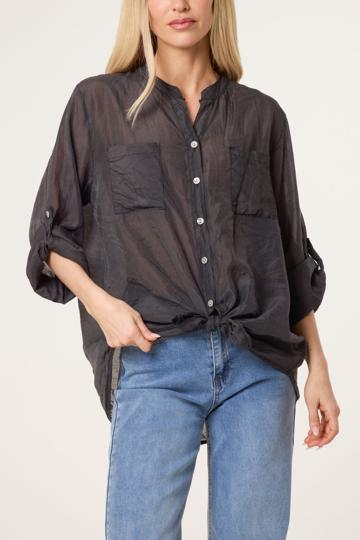Roll Sleeve Tied Front Tencel Shirt
