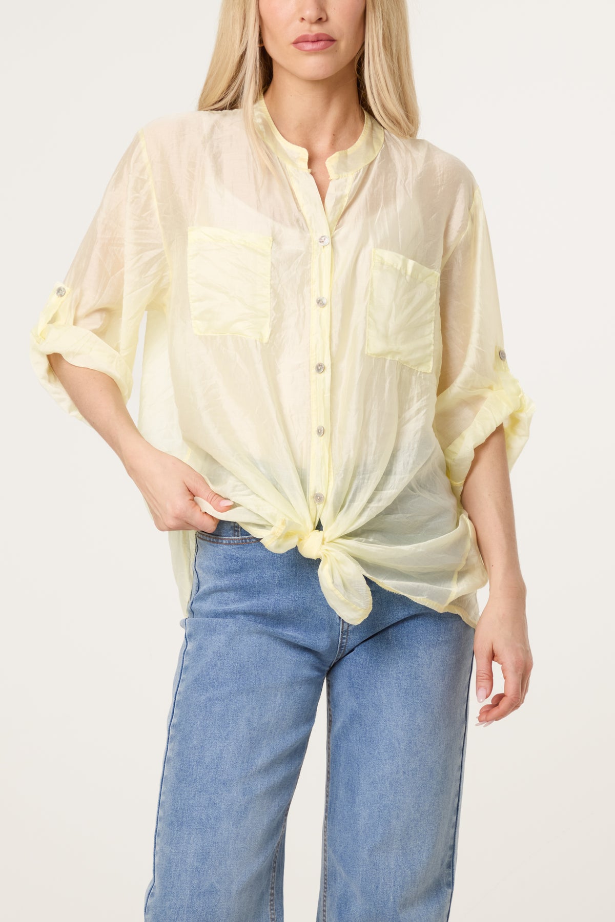 Roll Sleeve Tied Front Tencel Shirt