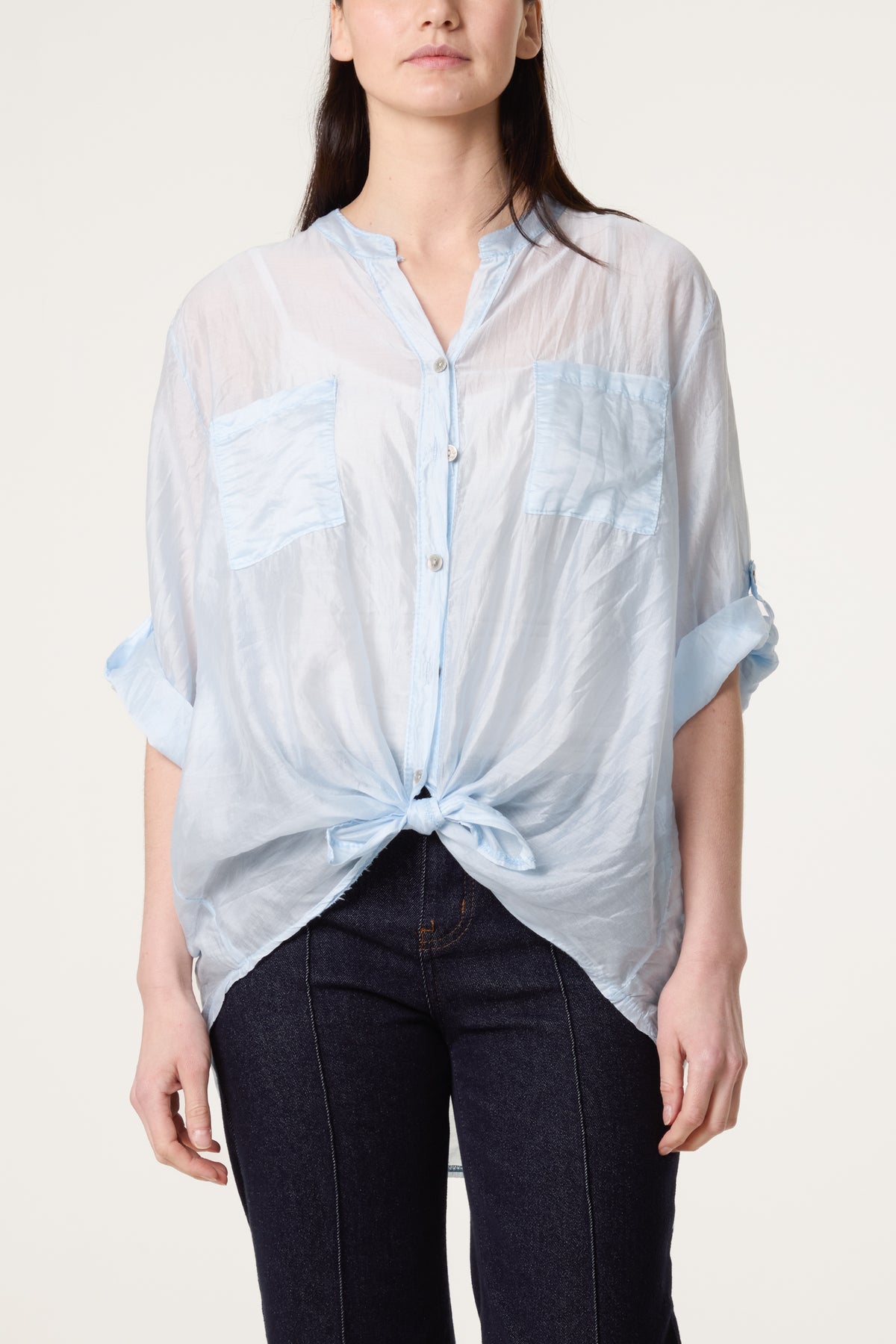 Roll Sleeve Tied Front Tencel Shirt