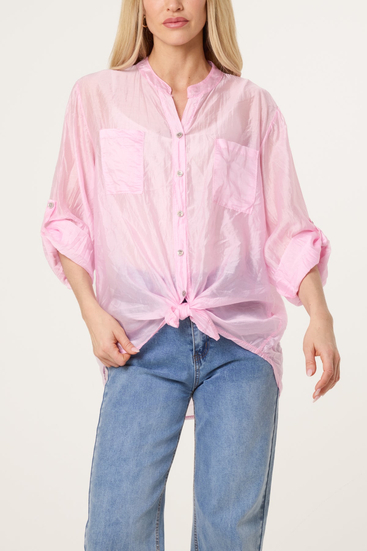 Roll Sleeve Tied Front Tencel Shirt