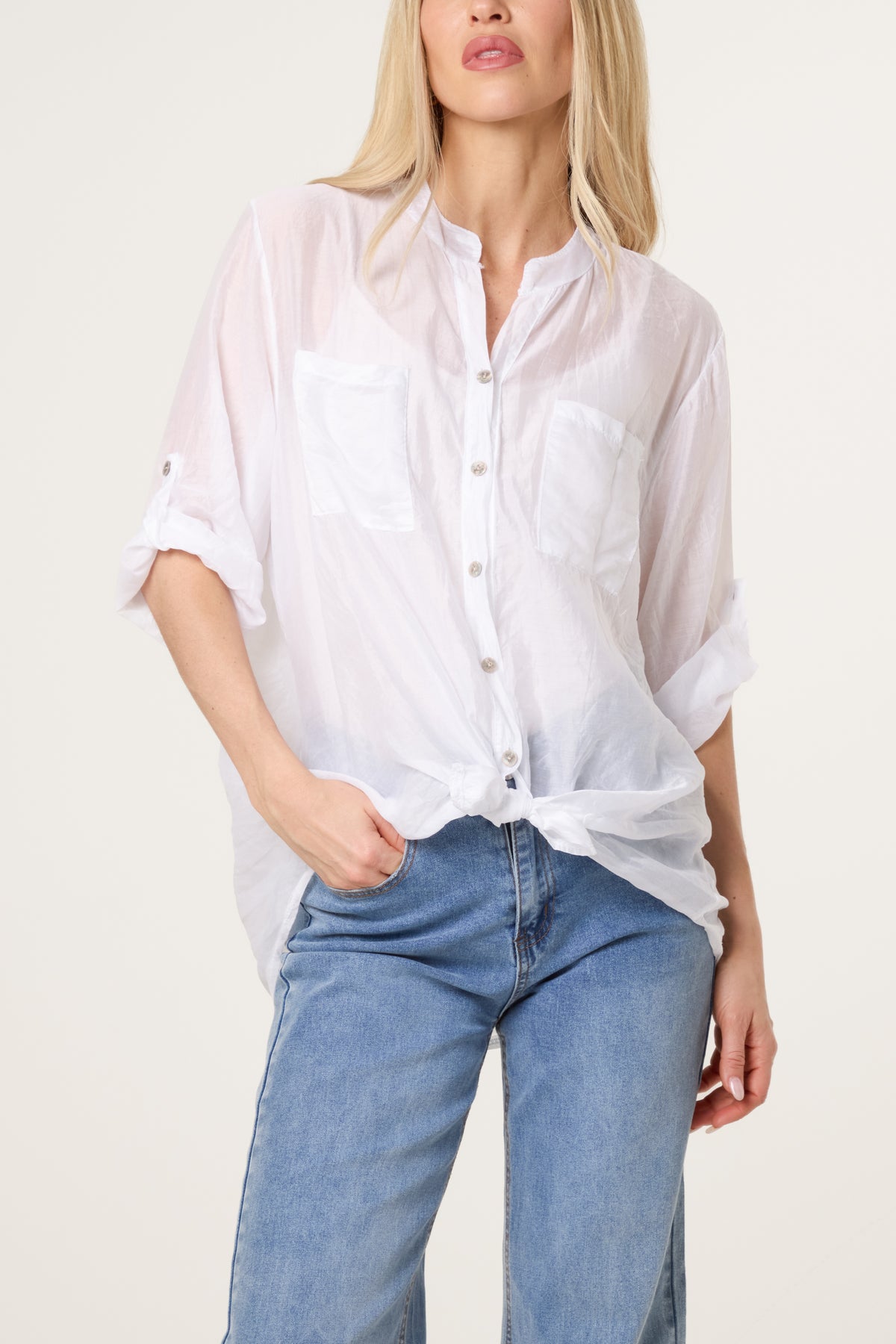 Roll Sleeve Tied Front Tencel Shirt
