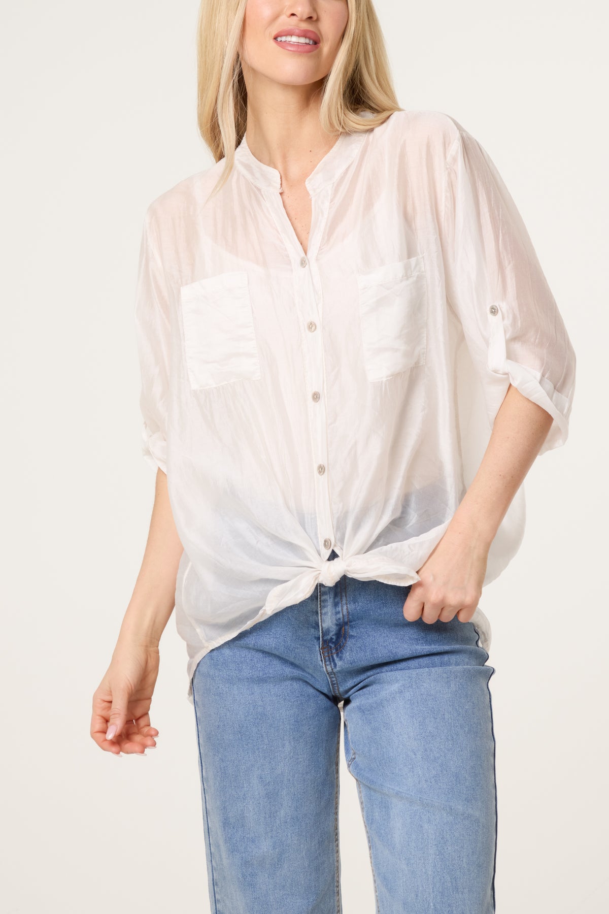 Roll Sleeve Tied Front Tencel Shirt
