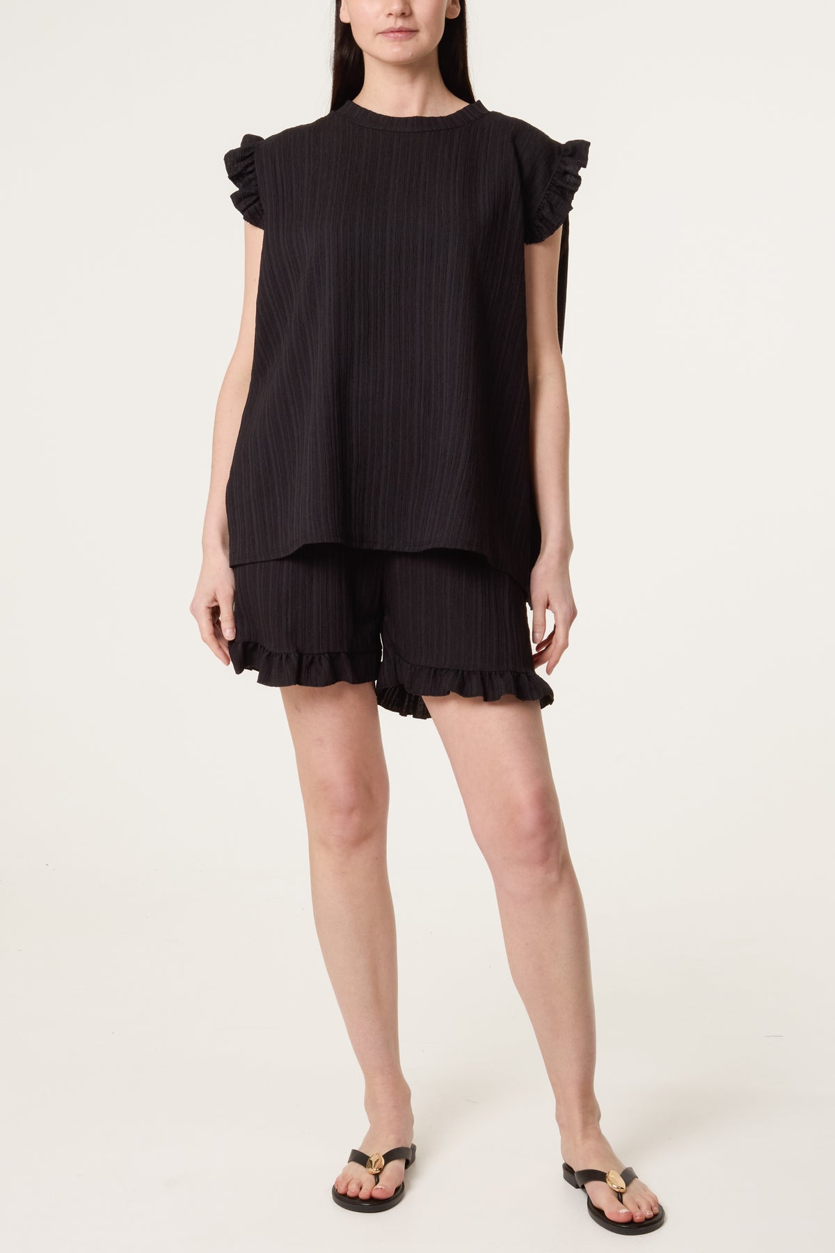 Texture Frill Sleeve Top & Shorts Set