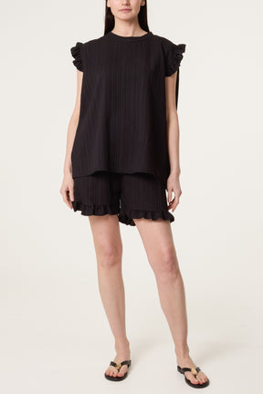 Texture Frill Sleeve Top & Shorts Set