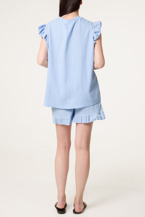 Texture Frill Sleeve Top & Shorts Set