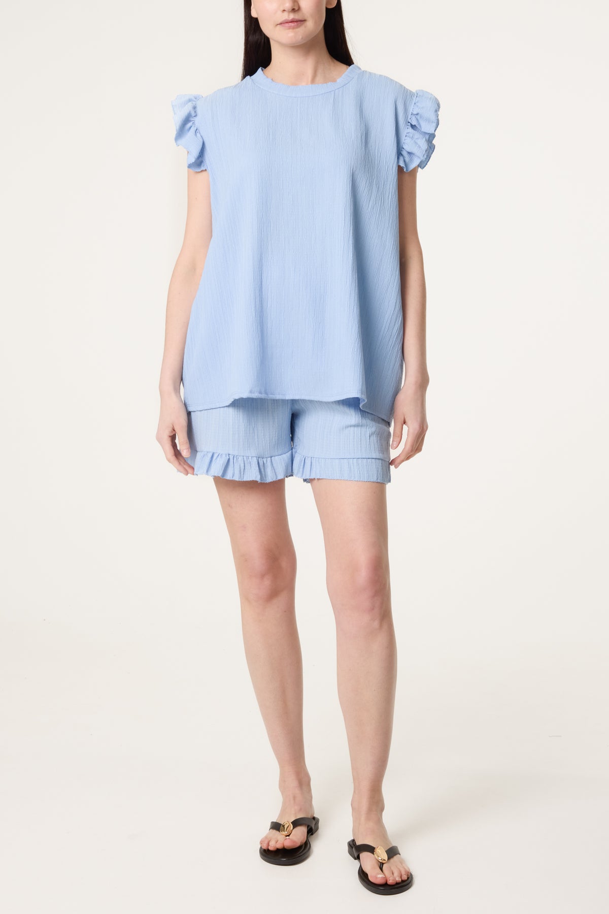Texture Frill Sleeve Top & Shorts Set