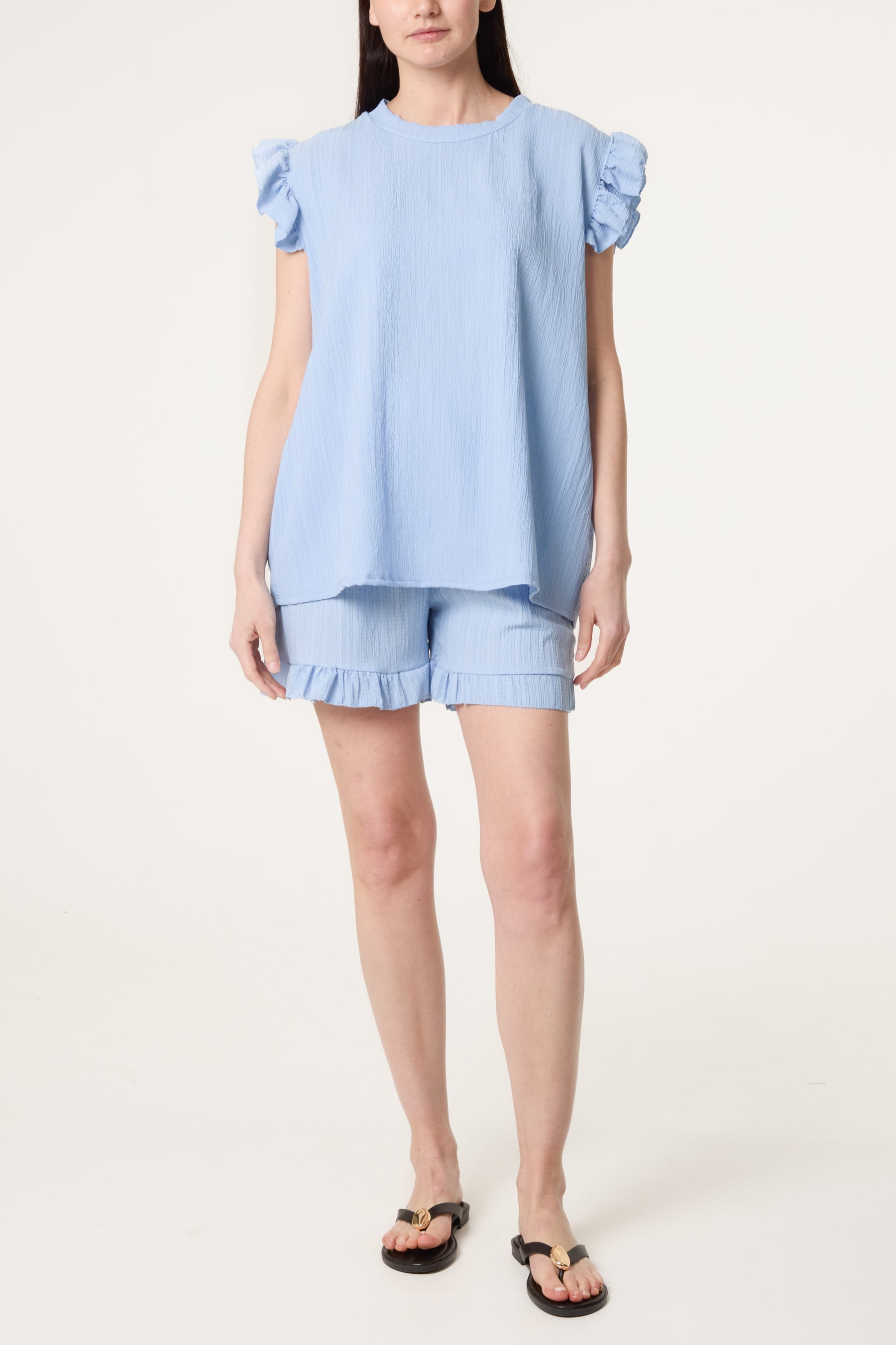 Texture Frill Sleeve Top & Shorts Set