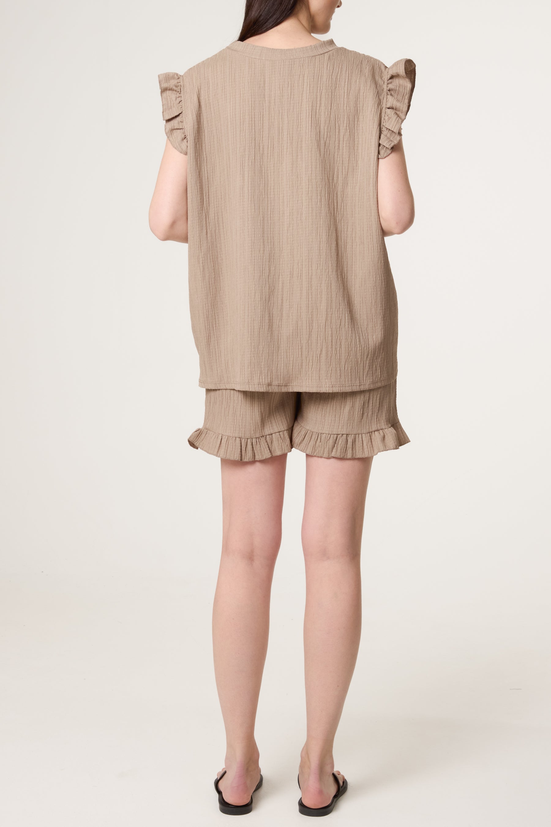 Texture Frill Sleeve Top & Shorts Set