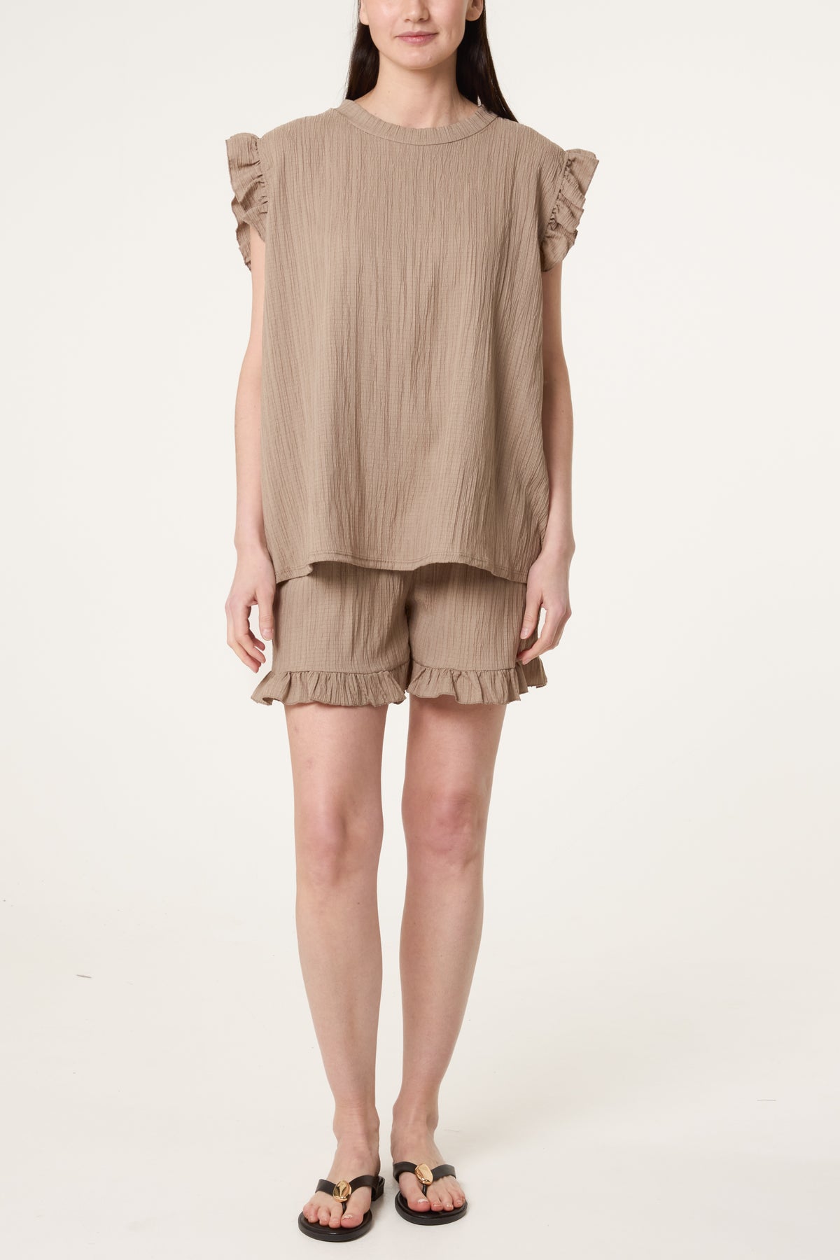 Texture Frill Sleeve Top & Shorts Set