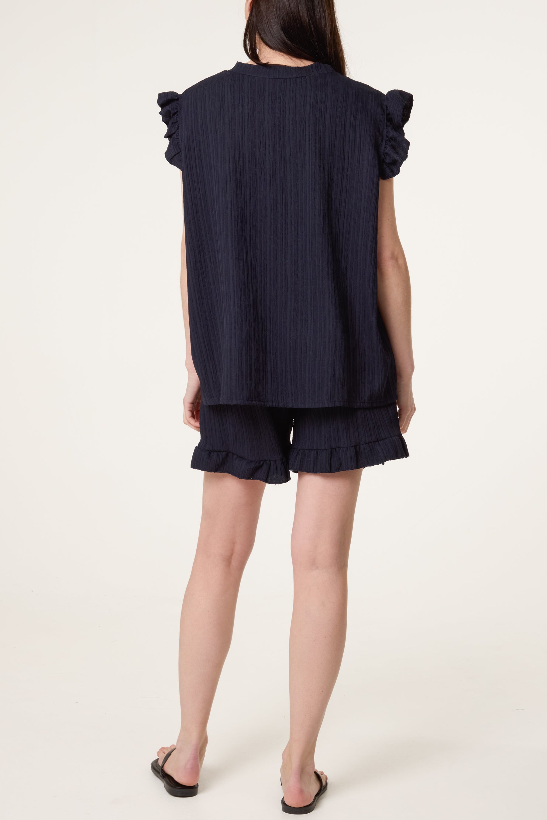 Texture Frill Sleeve Top & Shorts Set