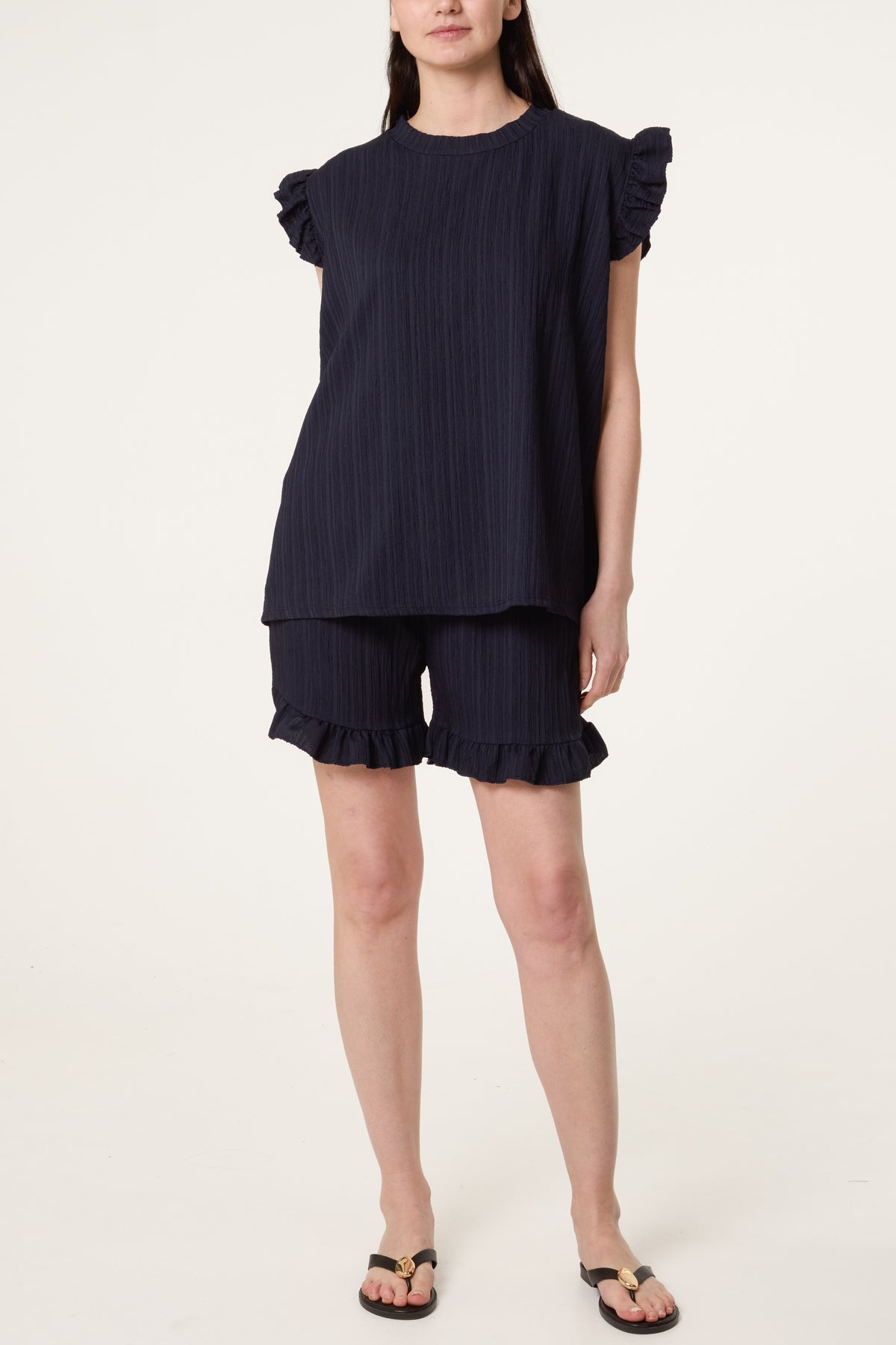 Texture Frill Sleeve Top & Shorts Set