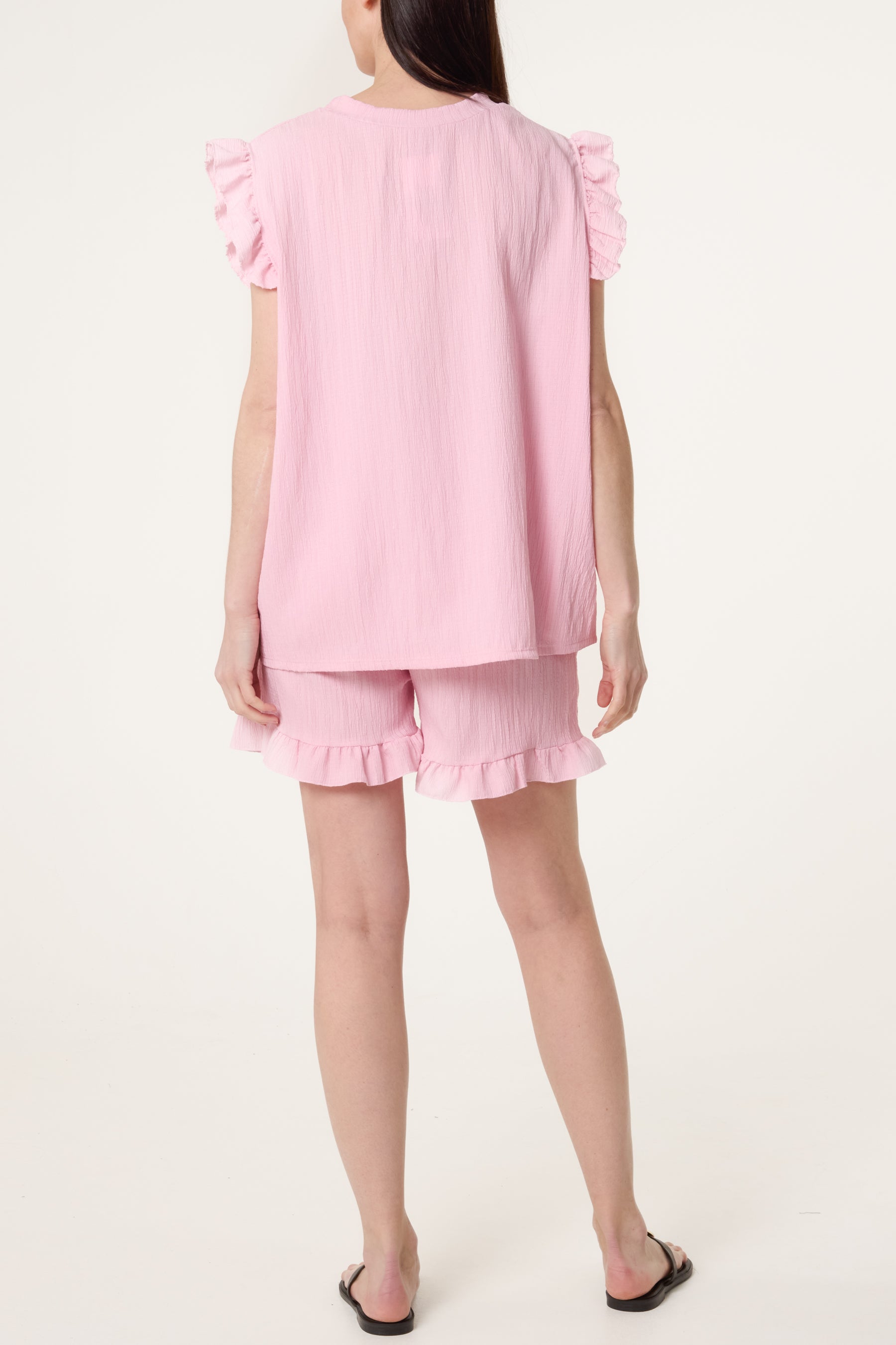 Texture Frill Sleeve Top & Shorts Set