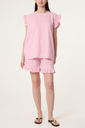 Texture Frill Sleeve Top & Shorts Set