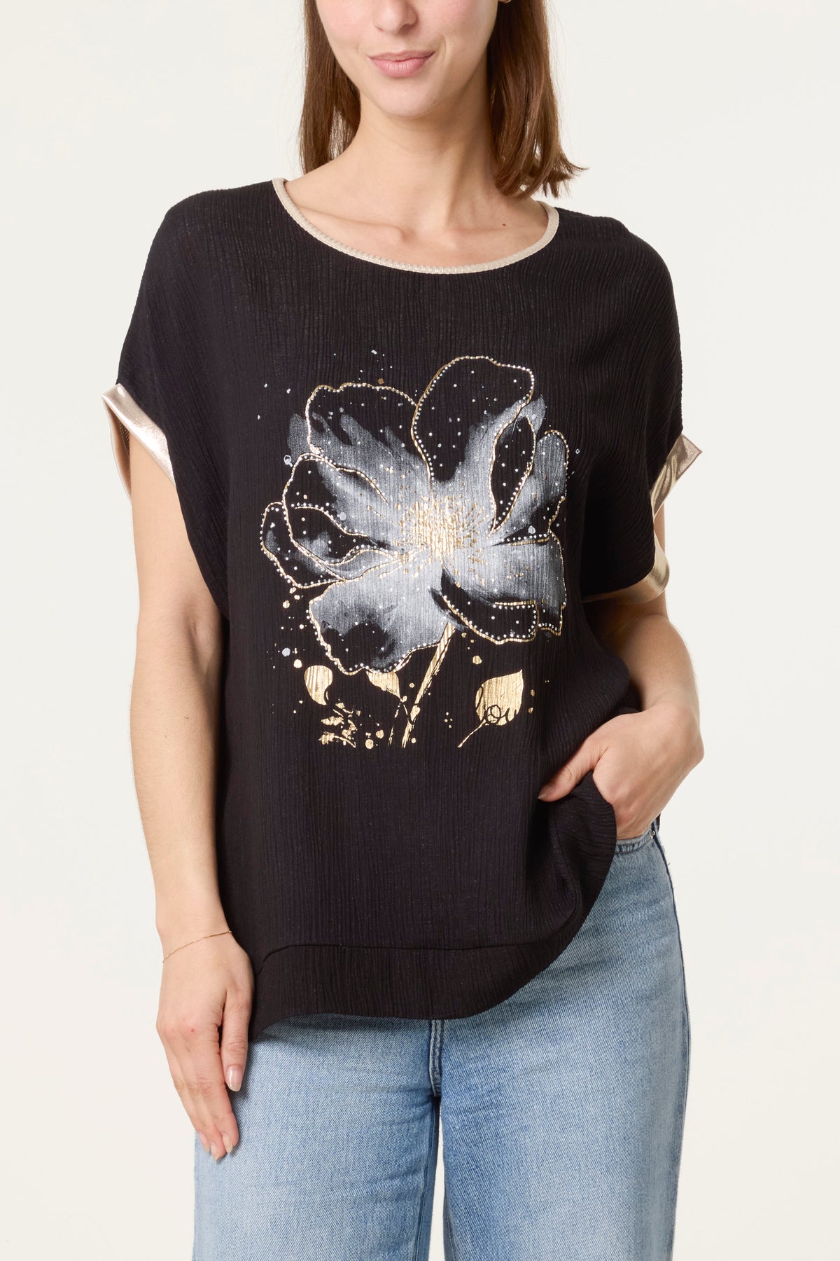 Diamante Flower Gold Trim Crinkle Top