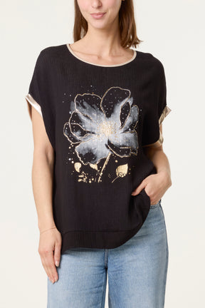 Diamante Flower Gold Trim Crinkle Top
