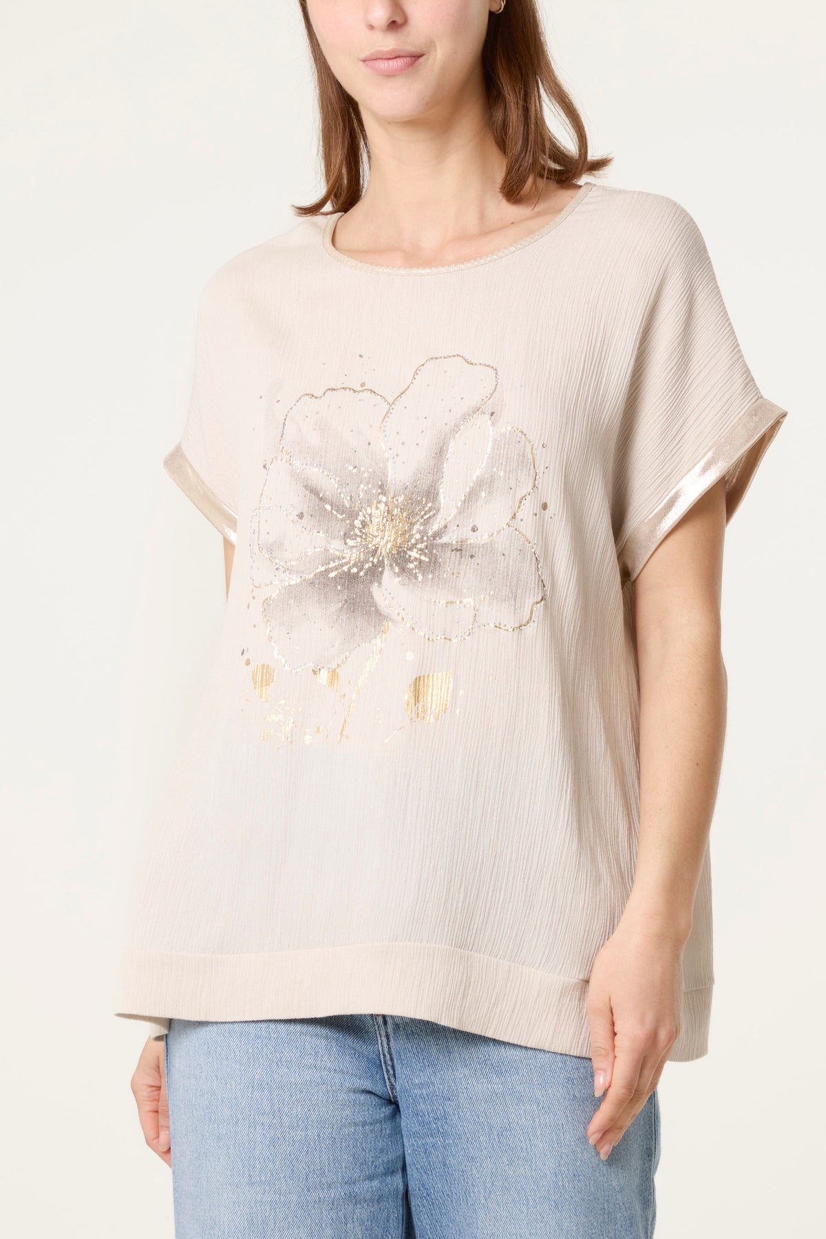 Diamante Flower Gold Trim Crinkle Top