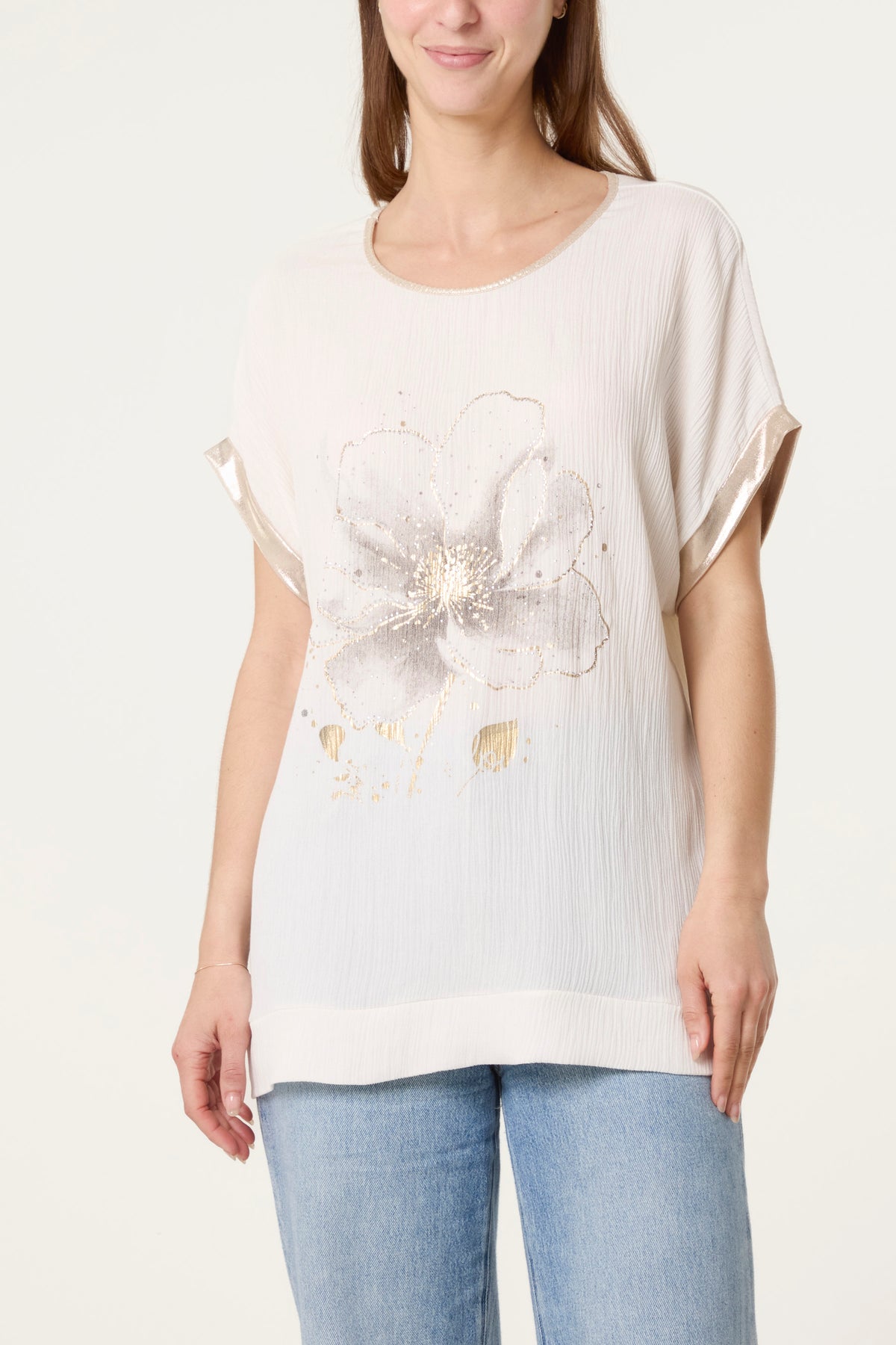 Diamante Flower Gold Trim Crinkle Top