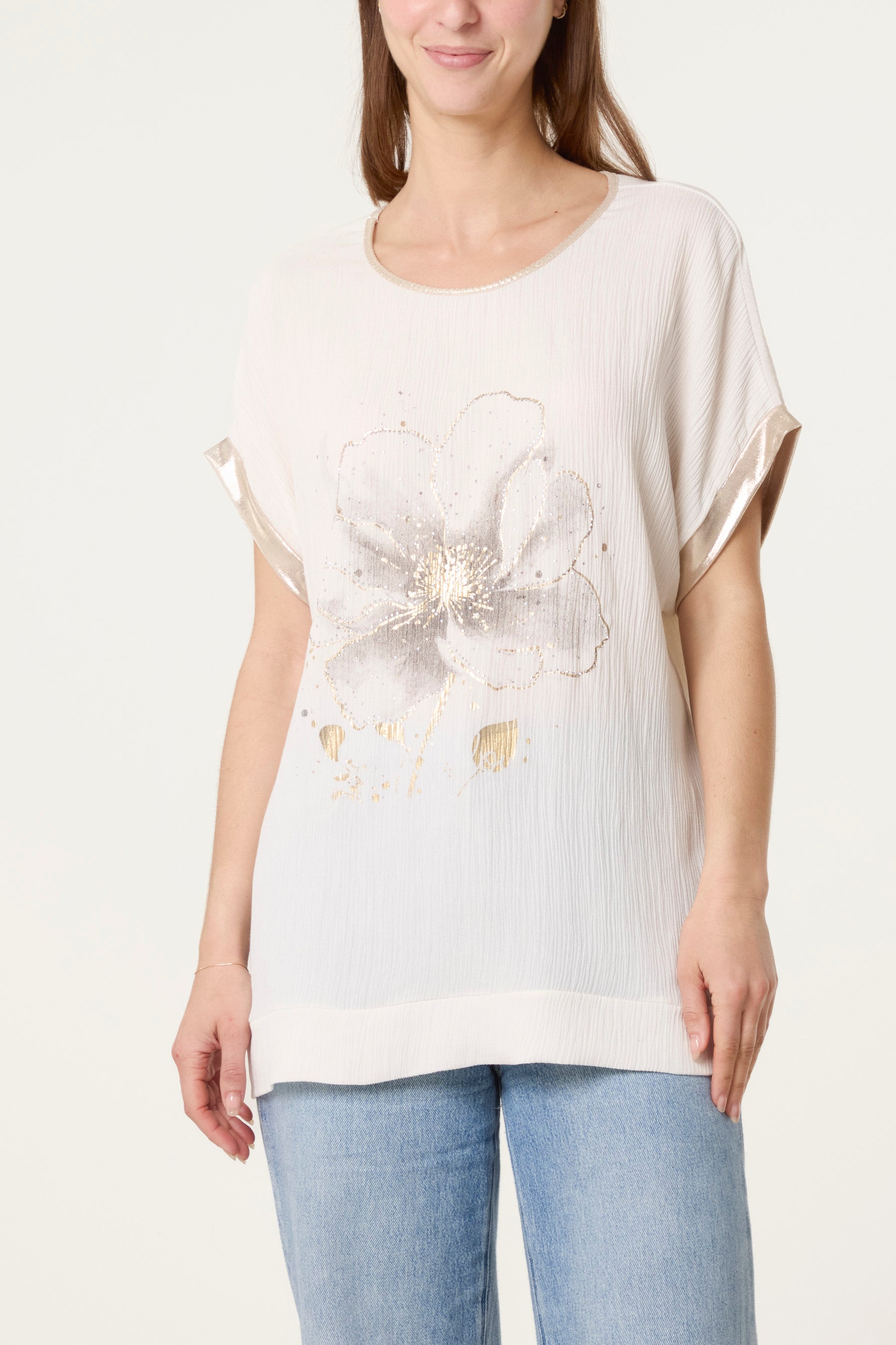Diamante Flower Gold Trim Crinkle Top