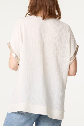 Diamante Flower Gold Trim Crinkle Top