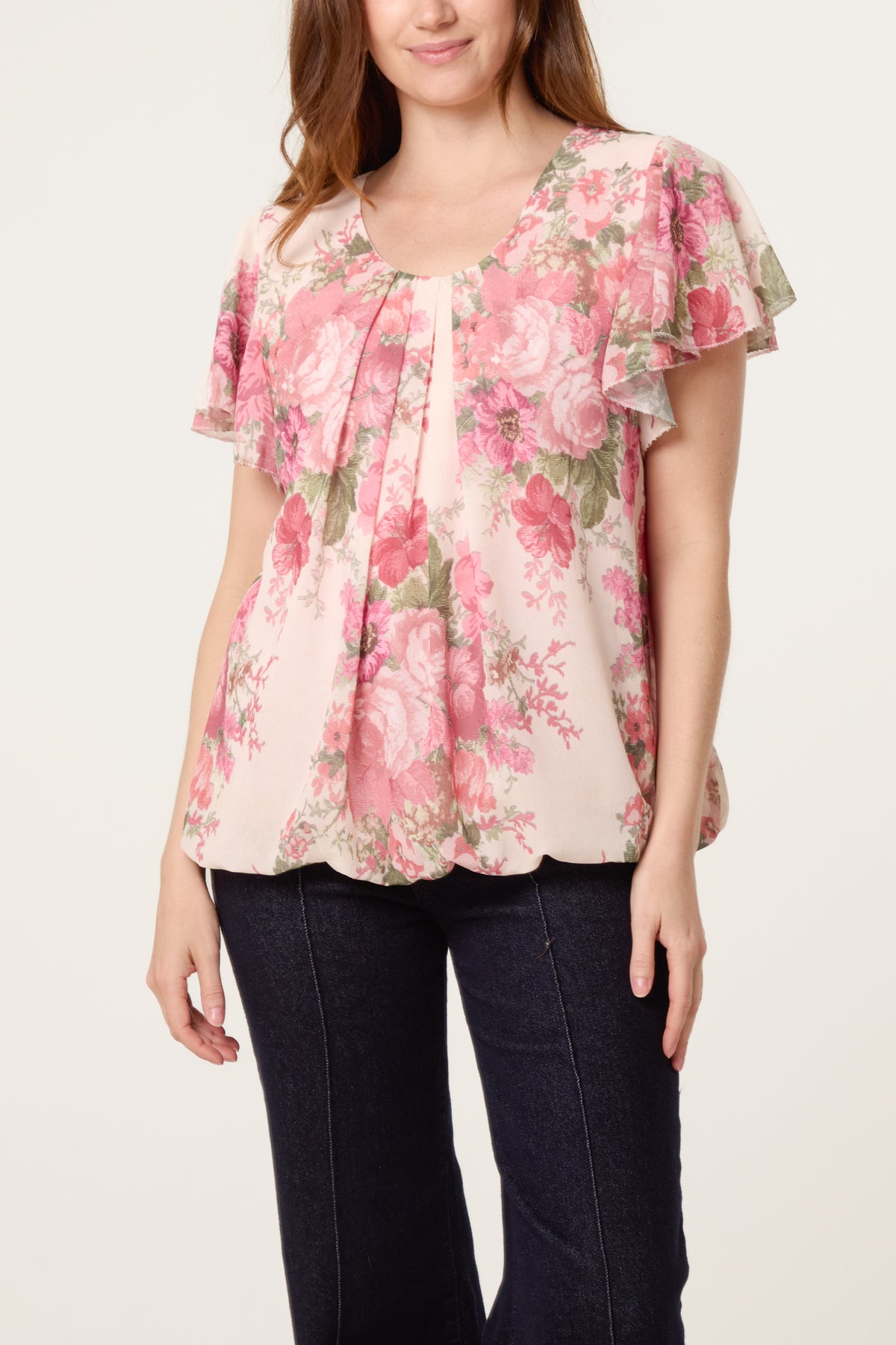 Floral Bubble Hem Frill Sleeve Top