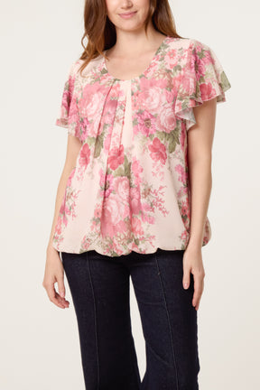 Floral Bubble Hem Frill Sleeve Top