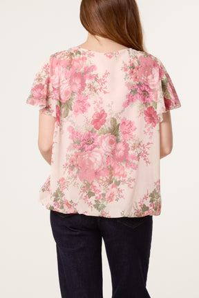 Floral Bubble Hem Frill Sleeve Top