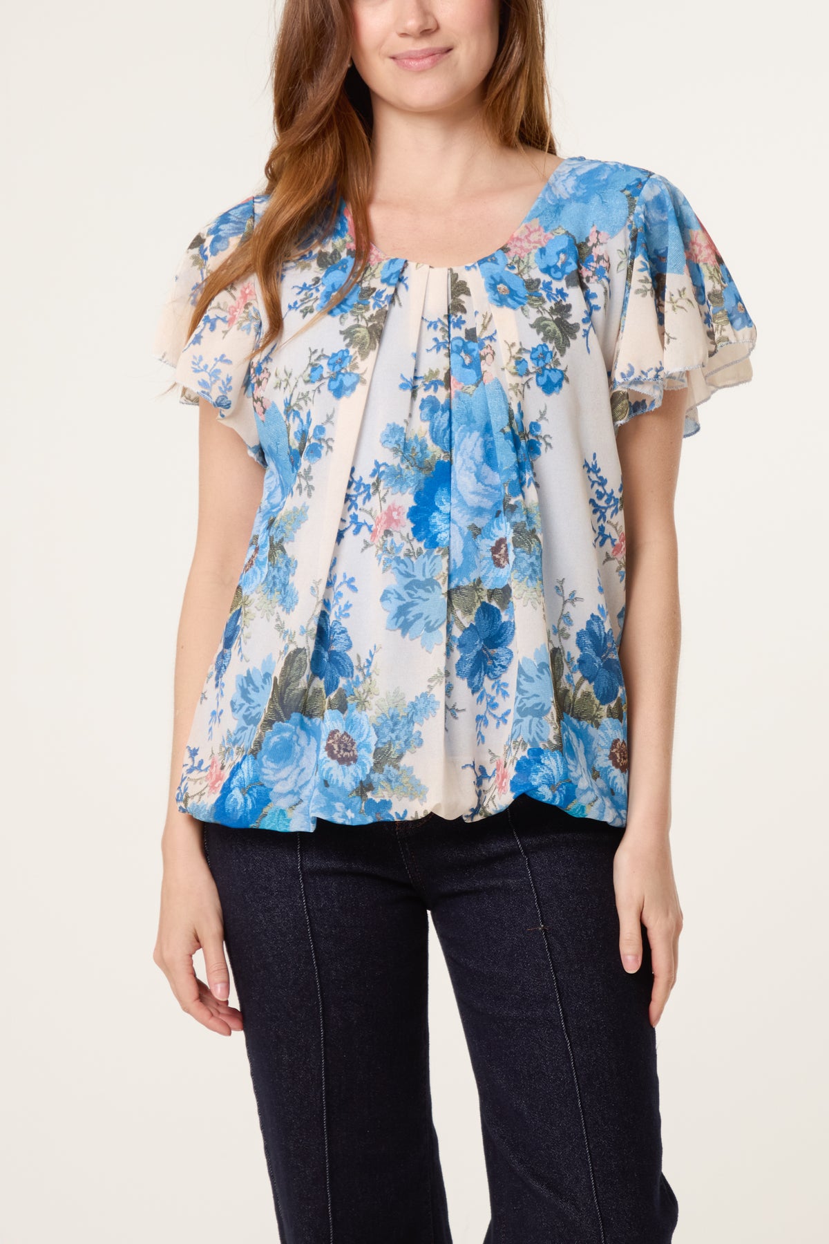 Floral Bubble Hem Frill Sleeve Top