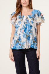 Floral Bubble Hem Frill Sleeve Top
