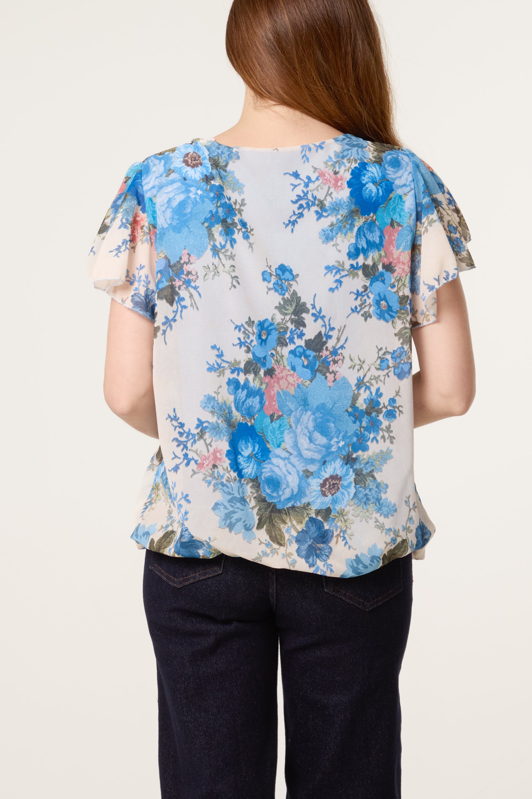 Floral Bubble Hem Frill Sleeve Top