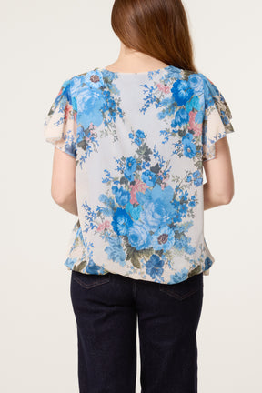 Floral Bubble Hem Frill Sleeve Top