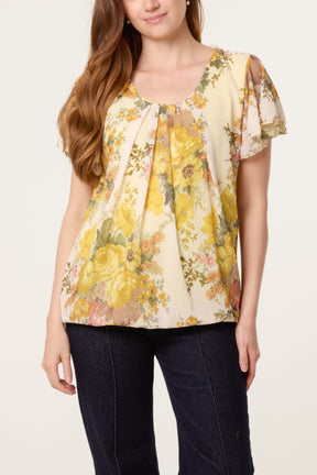 Floral Bubble Hem Frill Sleeve Top