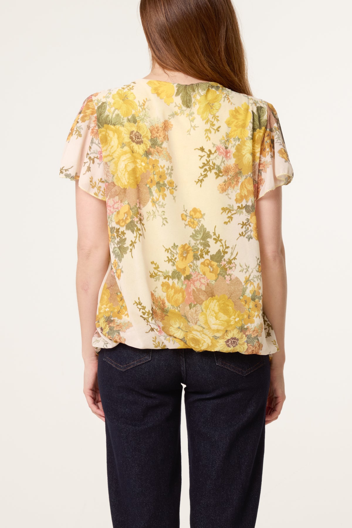 Floral Bubble Hem Frill Sleeve Top